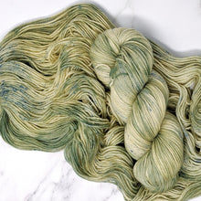 Load image into Gallery viewer, hand-dyed yarn in a variegated colorway that shifts between that unique shade of Yoda-green and pale green-cream highlights and generously dusted with a blue-sage speckles
