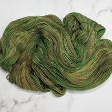 Load image into Gallery viewer, hand-dyed yarn in a variegated colorway of fully saturated shifting greens and browns
